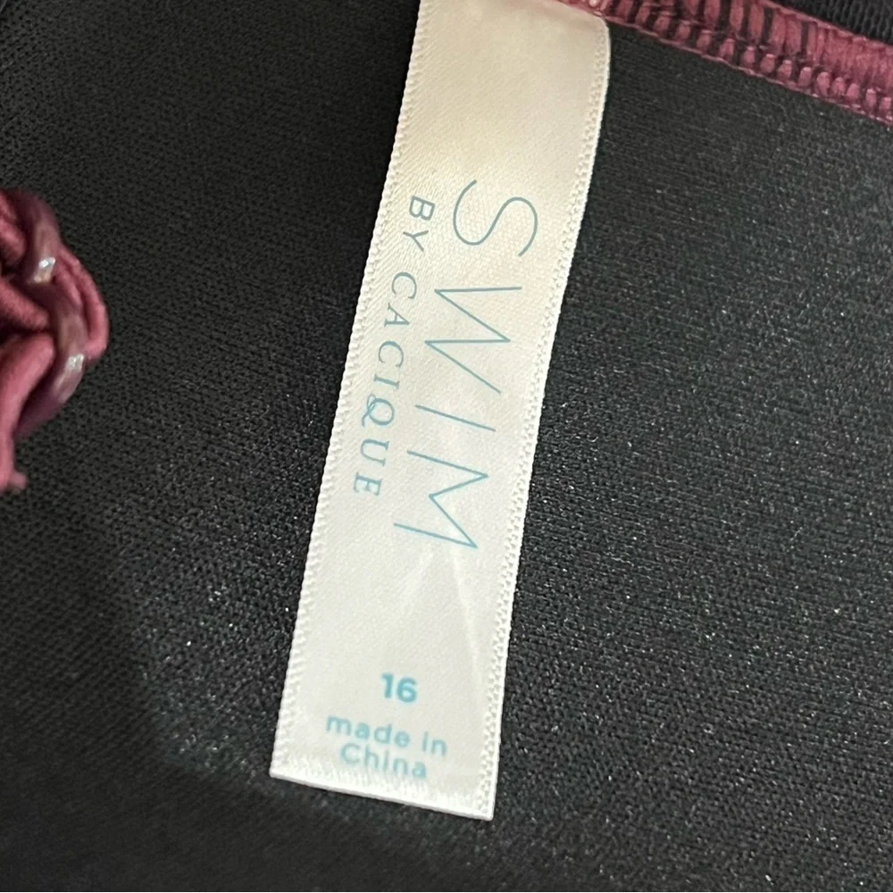 Cacique Burgundy Red Wine Shimmer Tankini Swim Top 16 Ruched Gathered Lined Bra
